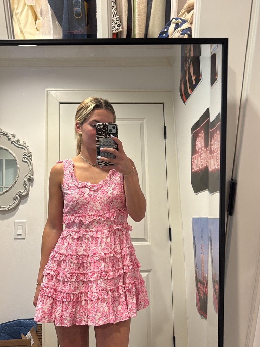 LoveShackFancy Pink Floral Tiered Mini Dress